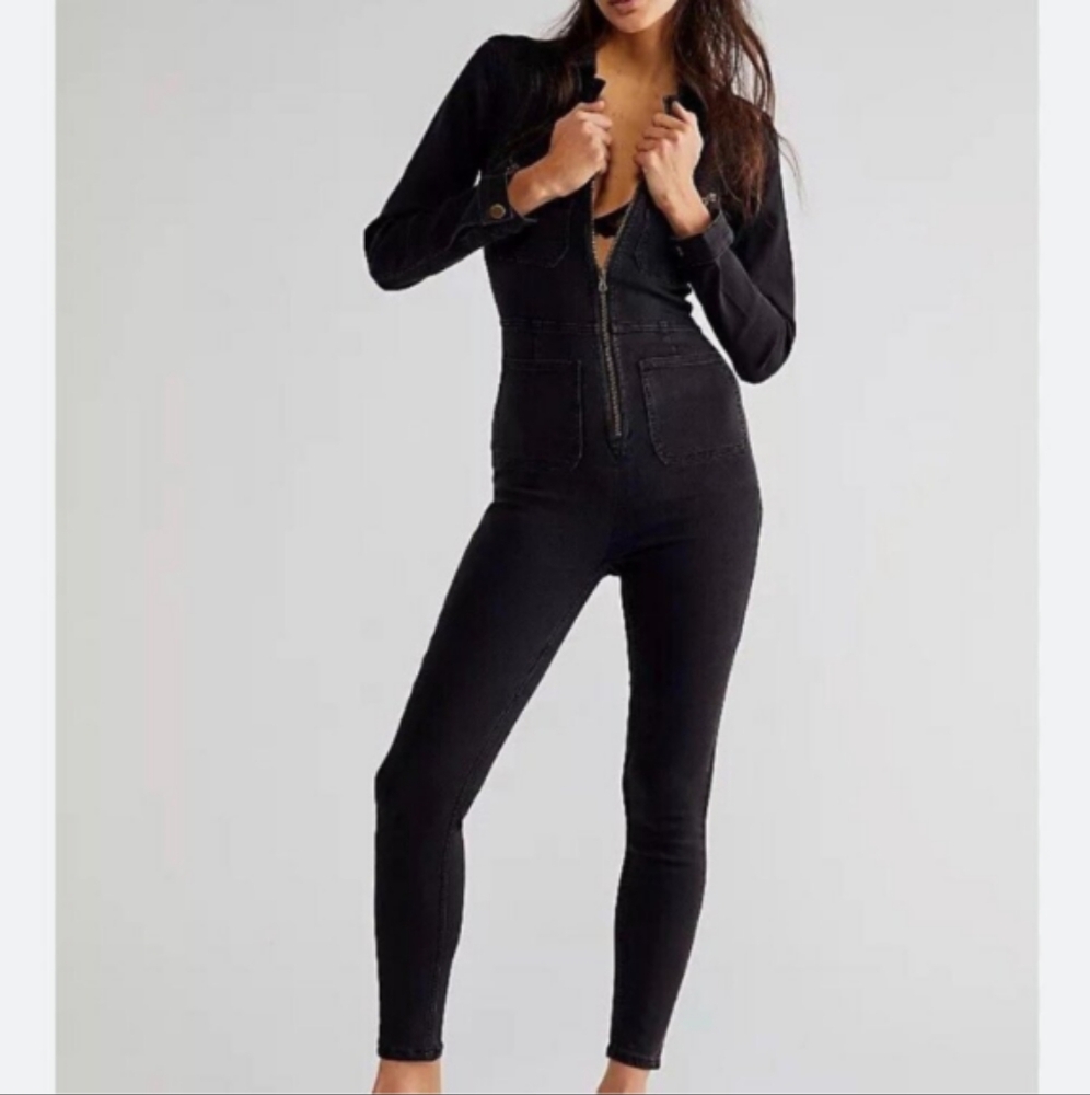 Free People Black Denim Lennox Jumpsuit size XL